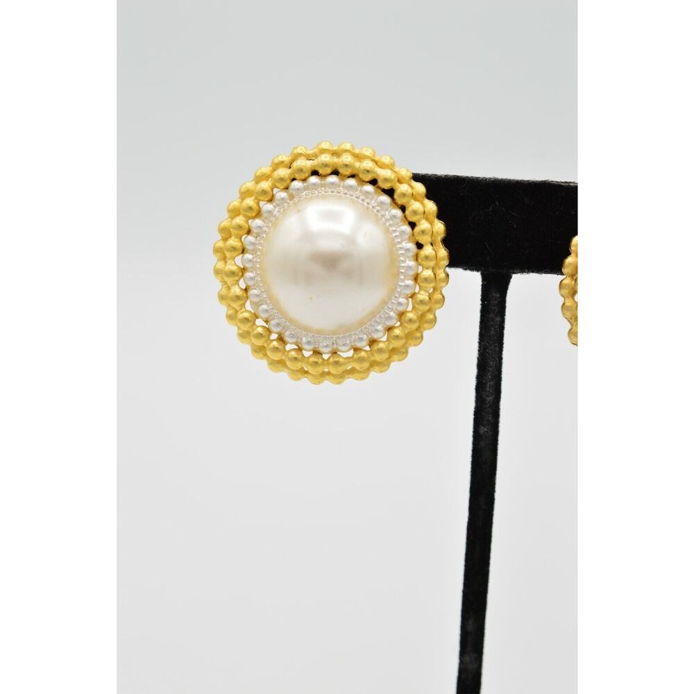 Vintage Clip On Earrings Bold Brushed Gold White Pearl Chunky Heavy NOS 1980s W5
